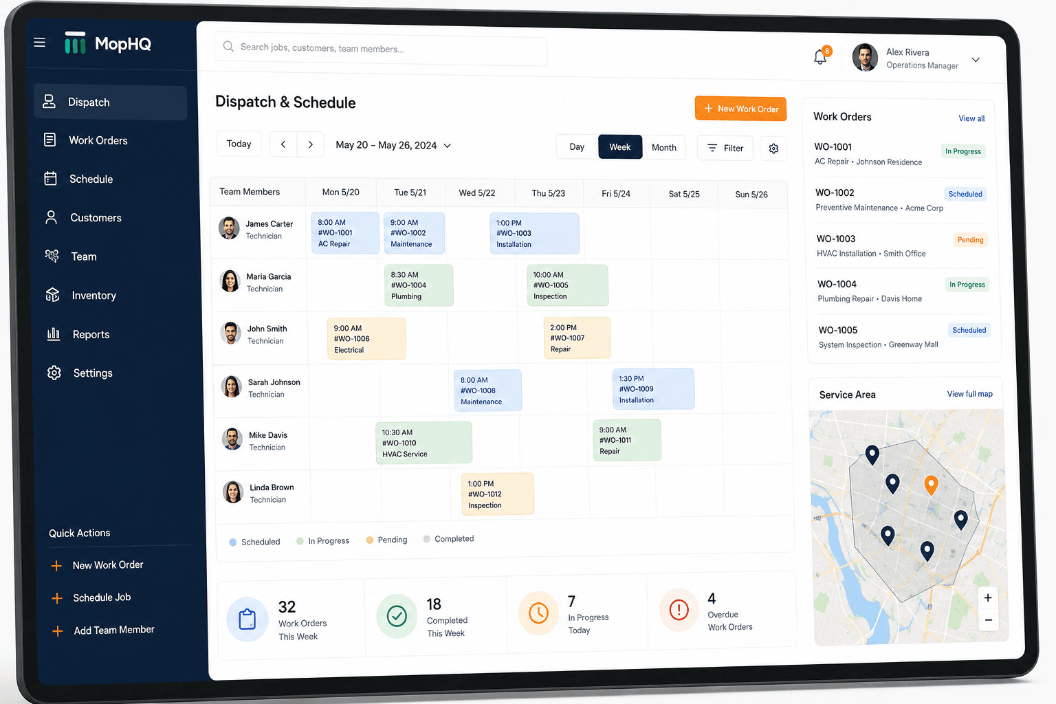 MopHQ dispatch and schedule management dashboard
