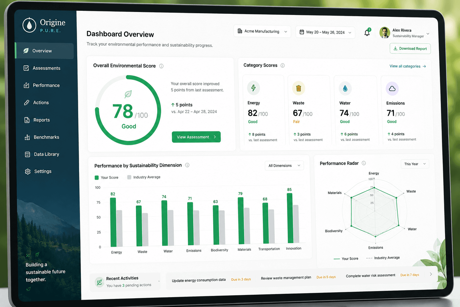 Origine P.U.R.E. sustainability dashboard with environmental scores