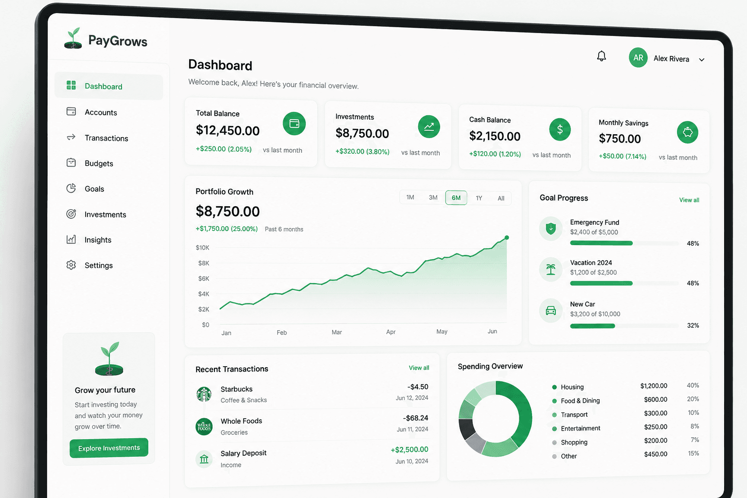 PayGrows dashboard showing portfolio growth and financial overview